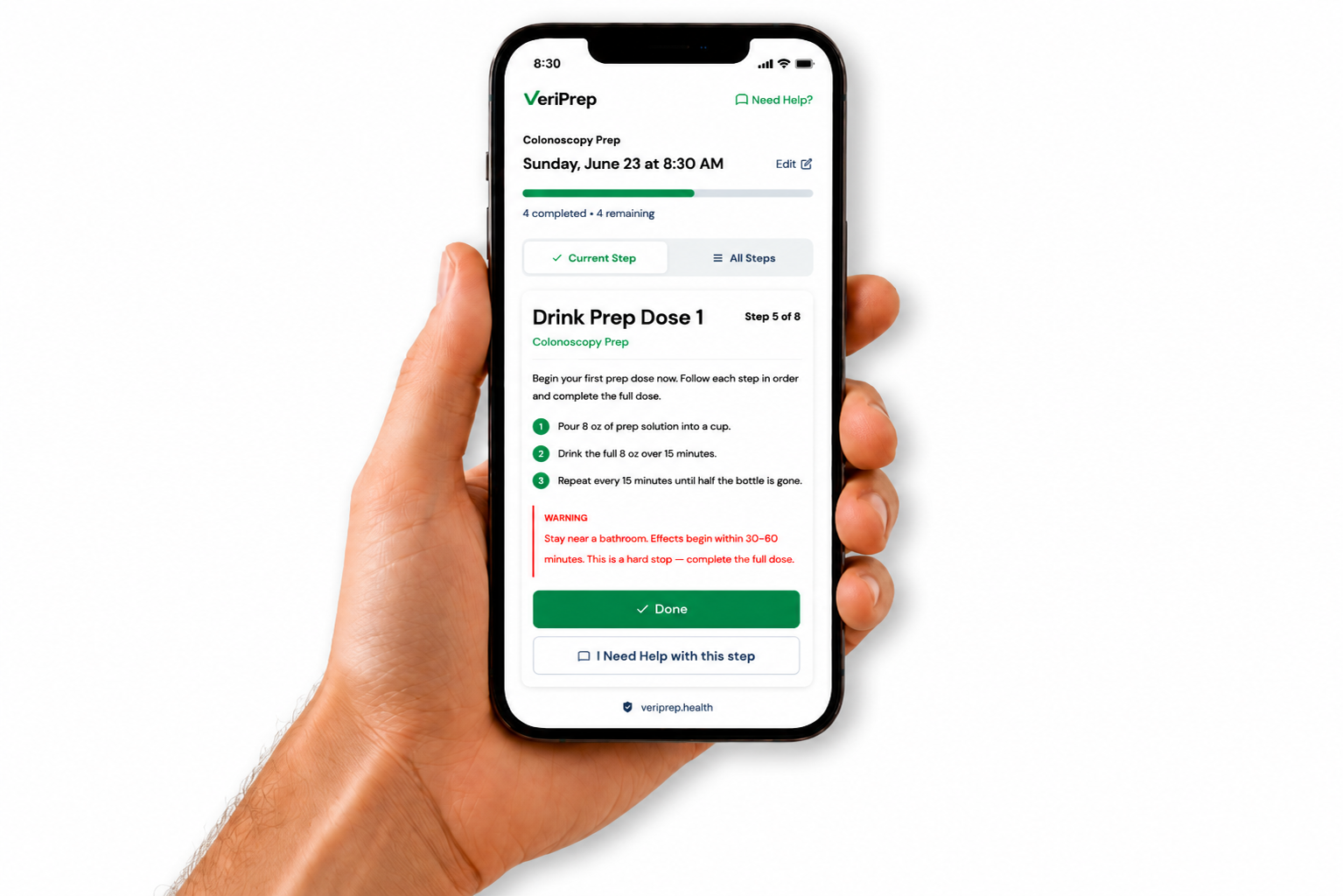Hand holding a phone displaying the VeriPrep guide