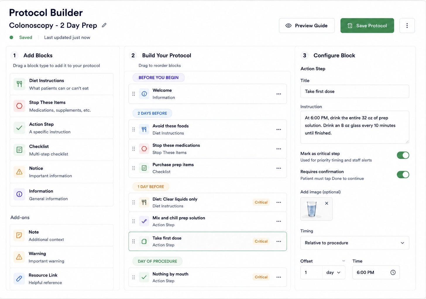 VeriPrep Protocol Builder showing a drag-and-drop block library, an ordered protocol timeline grouped by day before the procedure, and a configuration panel for setting a step's timing, critical status, and instructions.